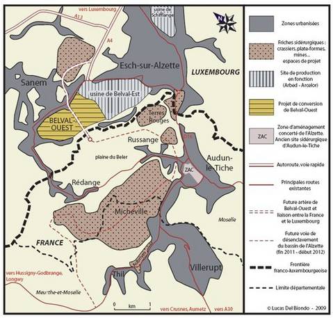 Source : Lucas Del Biondo : La conversion des friches sidérurgiques à la frontière franco-luxembourgeoise : un enjeu transfrontalier. Paru dans L'Information géographique, 2009/3 (Vol. 73), Armand Colin). - http://www.cairn.info/zen.php?ID_ARTICLE=LIG