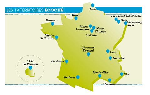 Les 19 territoire écocités en France.